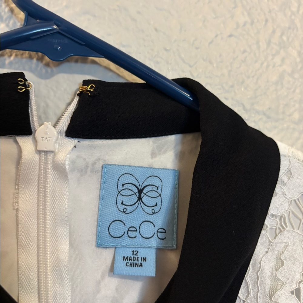 CeCe Women’s Size 12 Black and White Dress with Collar and Lace Detail - Picture 2 of 5